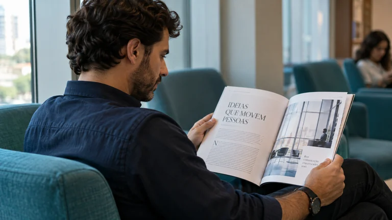 Pessoa lendo a abertura de uma revista em uma sala de espera.