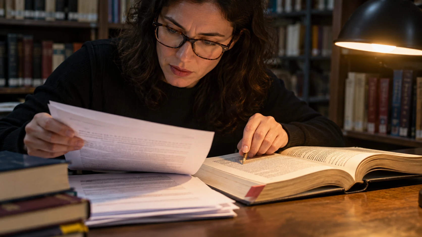 Conferência de informações de um documento com um livro de referência.