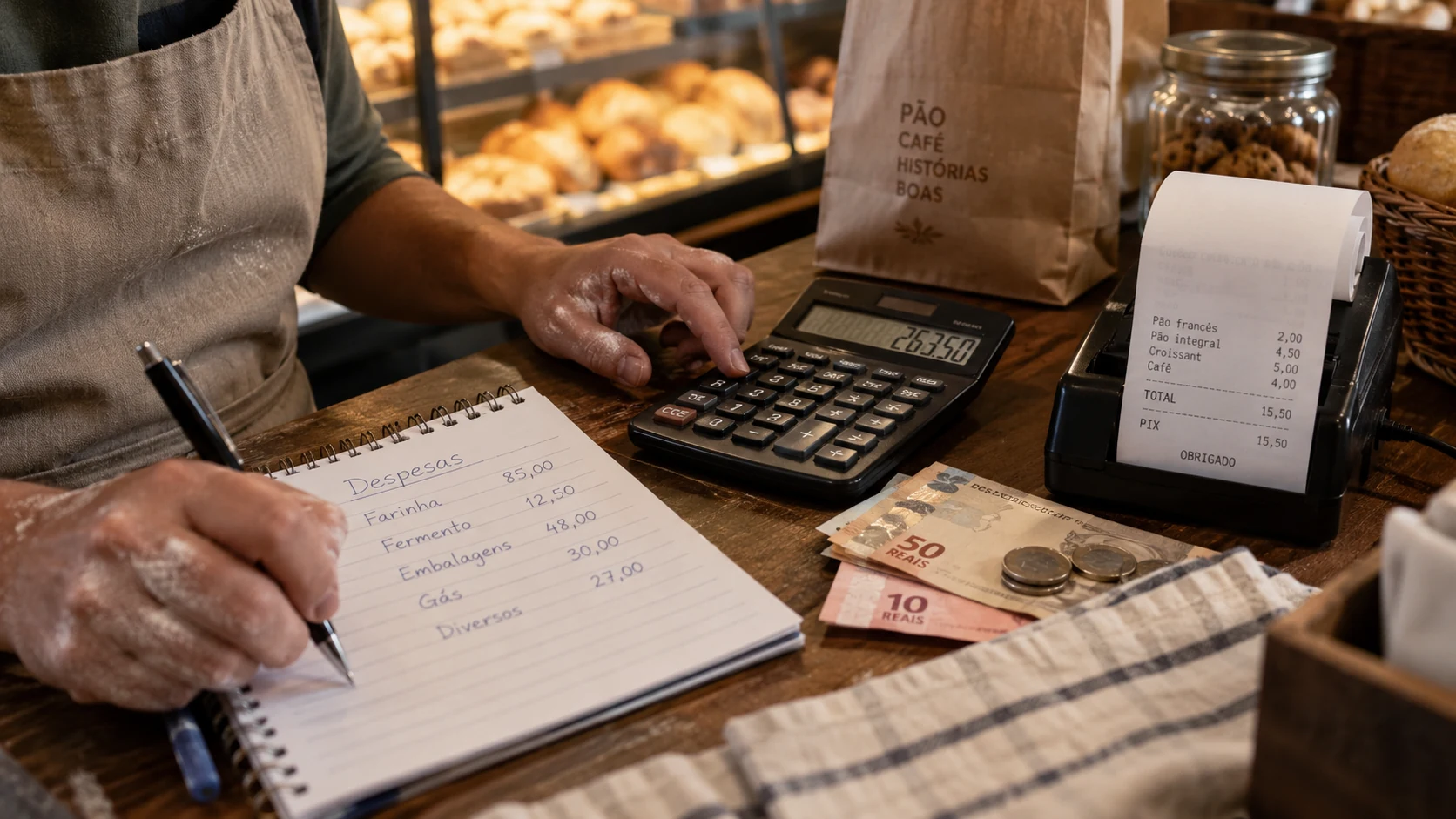 Responsável por uma padaria conferindo recibos e despesas com uma calculadora.