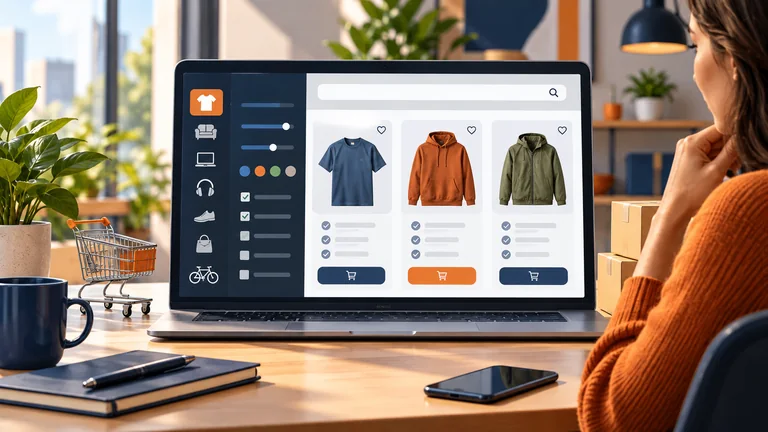 Vitrine de e-commerce com filtros e produtos comparáveis organizados por categoria.