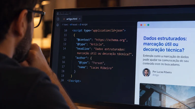Código de dados estruturados ao lado da apresentação de um artigo.