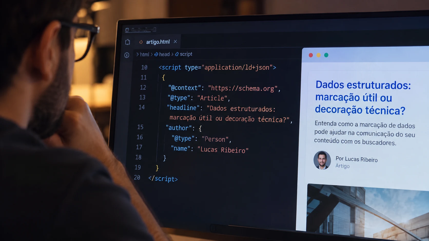 Código de dados estruturados ao lado da apresentação de um artigo.