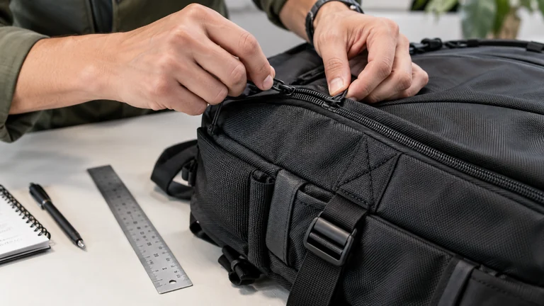 Inspeção do acabamento e do zíper de uma mochila antes de uma recomendação.
