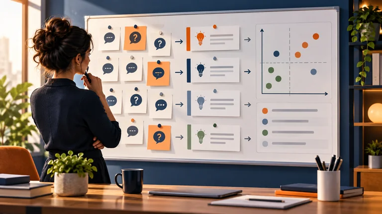 Quadro de objeções com cartões de dúvidas de clientes e matriz de prioridade.
