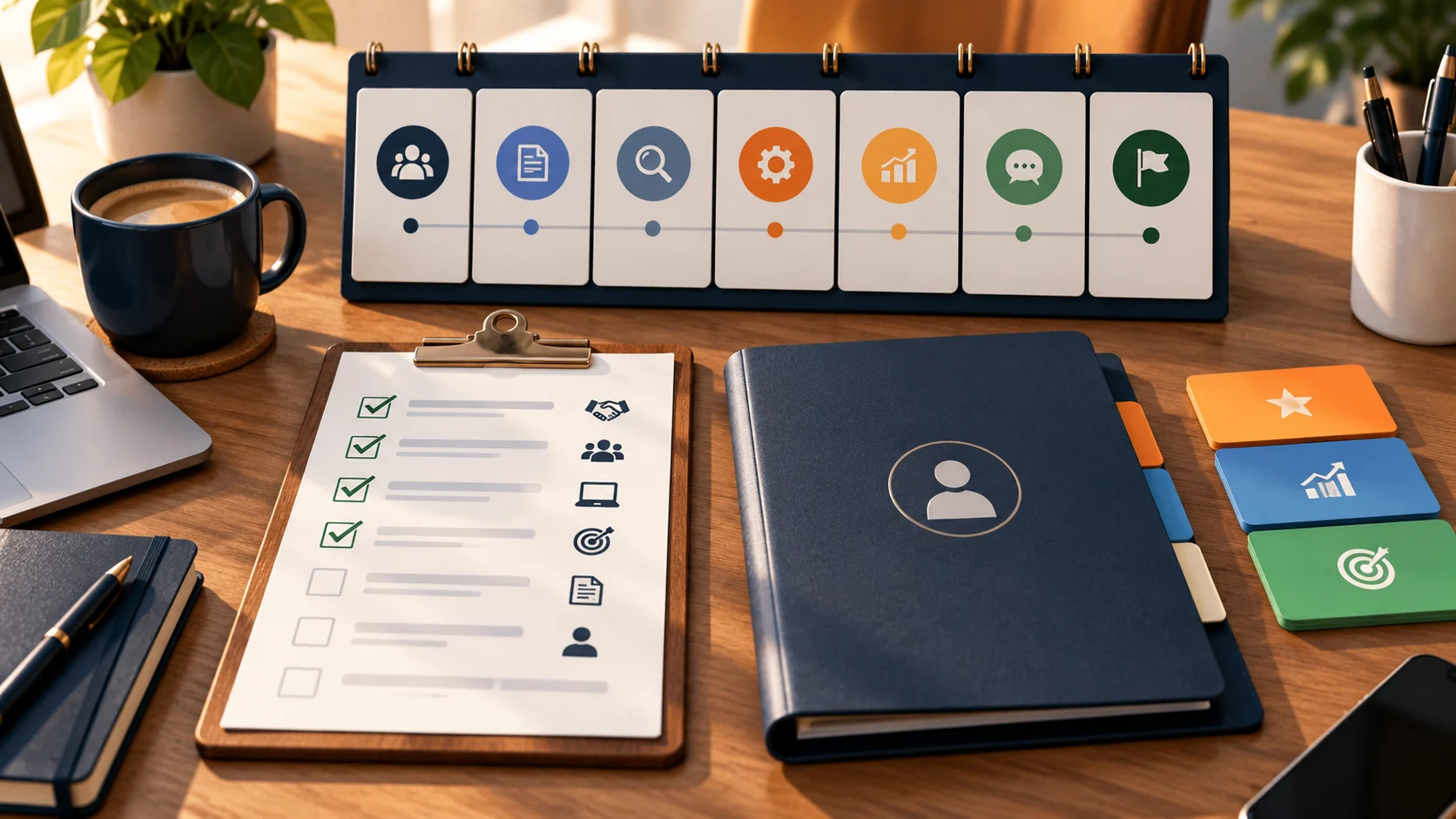 Checklist de onboarding com tarefas, prioridades e materiais de cliente em uma mesa de trabalho.