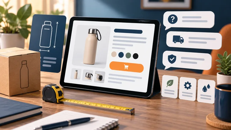 Página de produto em tablet com especificações, medidas e dúvidas de compra organizadas.