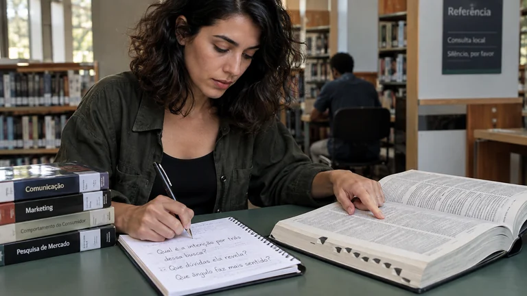 Pesquisa em livros e anotações para transformar perguntas em pautas.