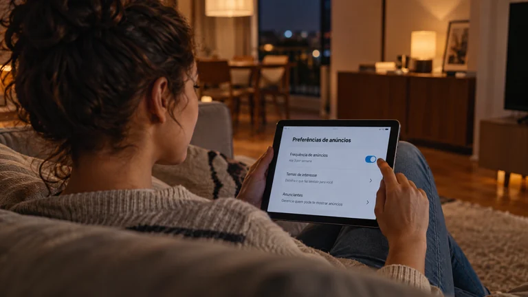 Pessoa ajustando preferências de anúncios em um tablet em casa.
