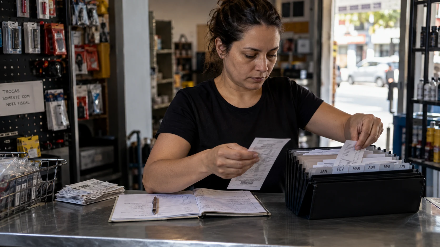 Responsável por uma loja organizando comprovantes por mês de recebimento.