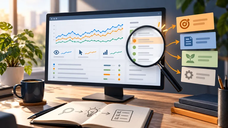 Painel de SEO com gráficos, lupa e cartões de prioridade editorial.