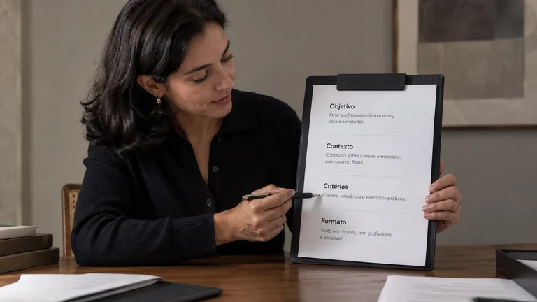 Brief organizado por objetivo, contexto, critérios e formato.
