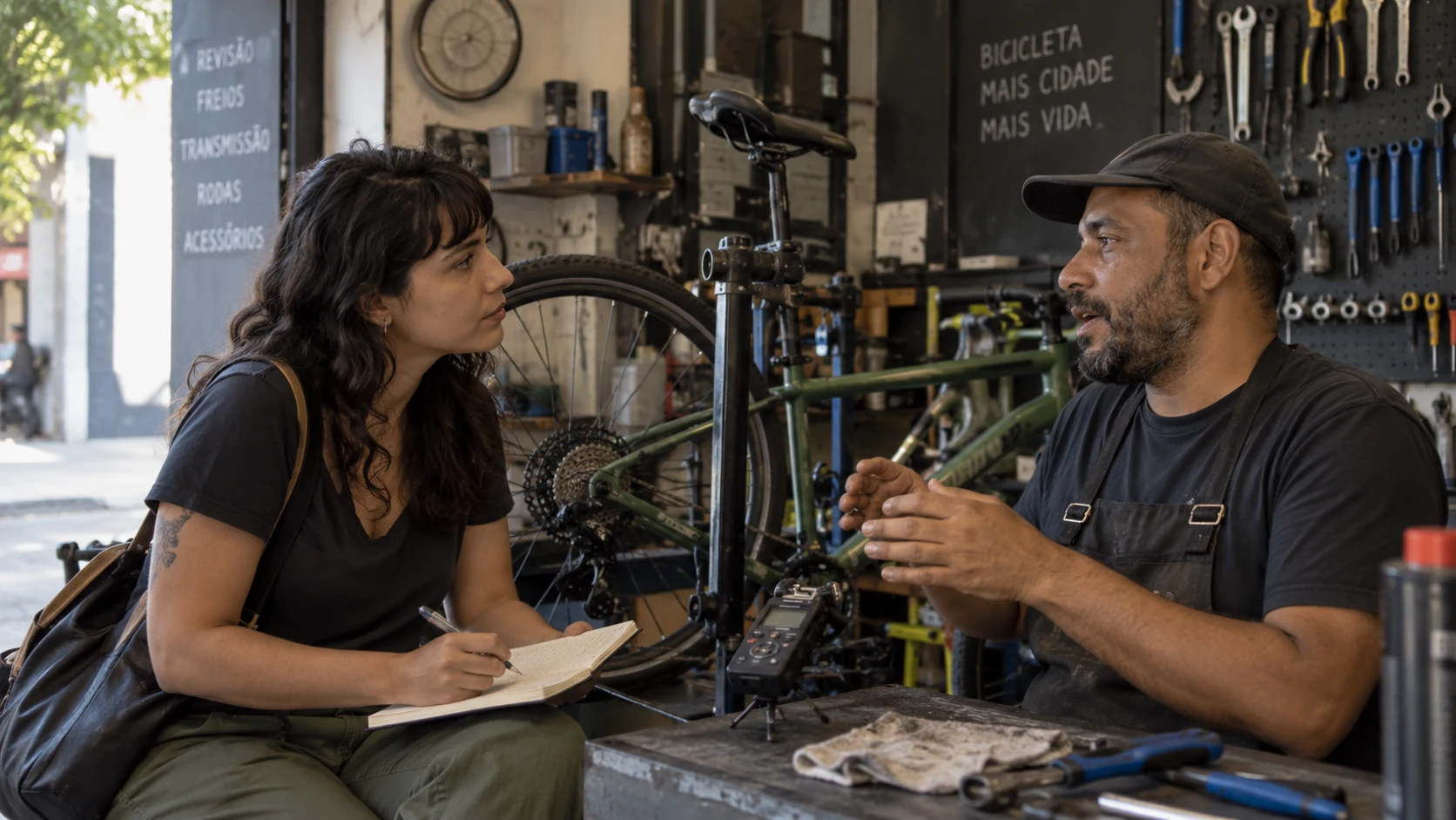 Conversa de pesquisa com um cliente em uma oficina de bicicletas.