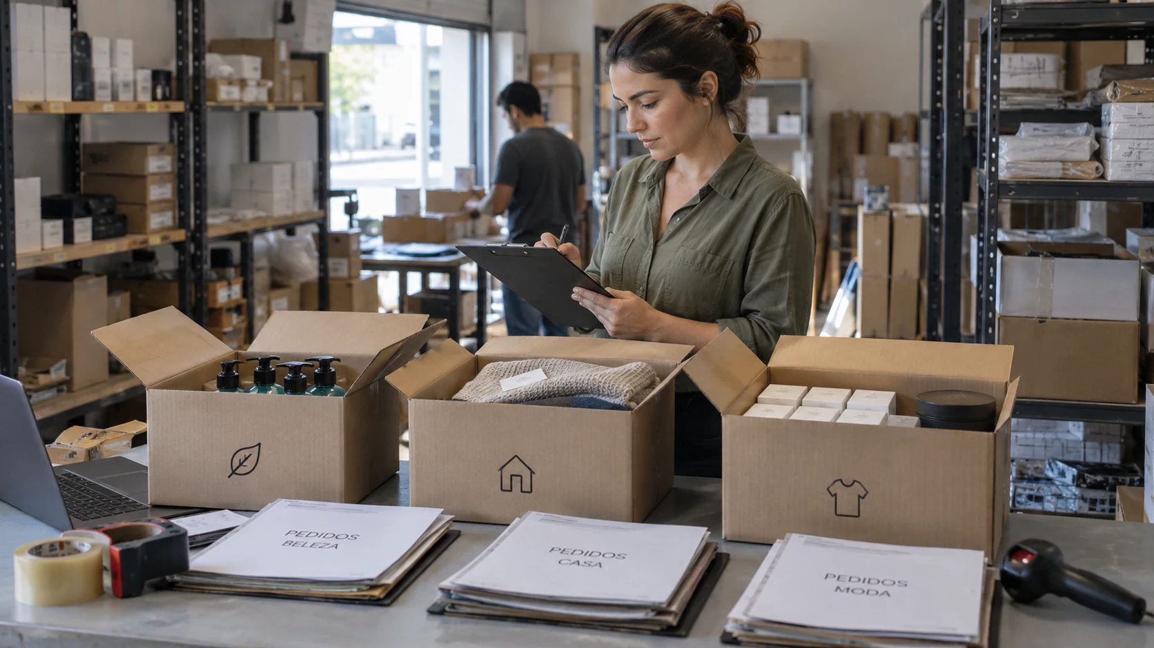 Organização de produtos e pedidos de diferentes categorias em uma operação comercial.
