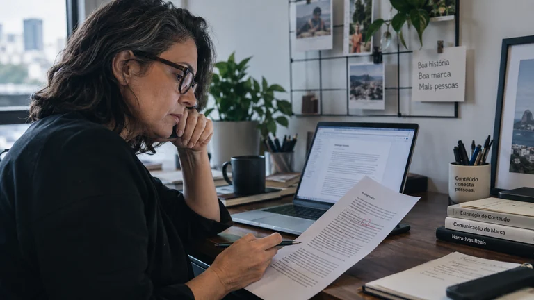 Revisão de um texto no computador com consulta a documentos impressos.