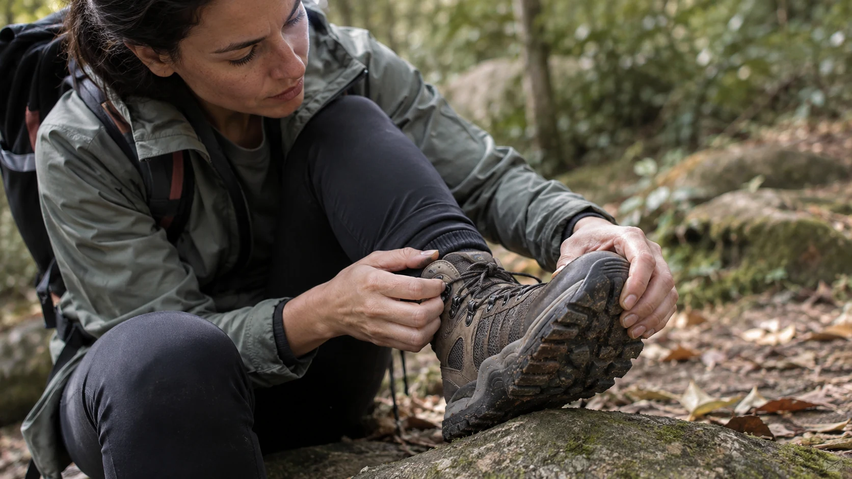 Inspeção de uma bota de caminhada usada em uma trilha.